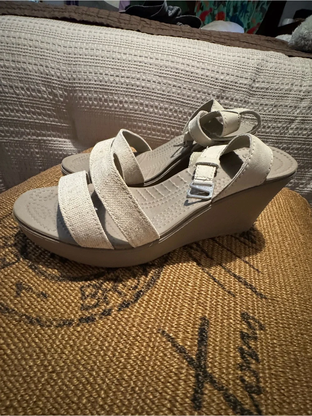 CROCS Women's Light Cream Wedge Sandals with Adjustable Strap